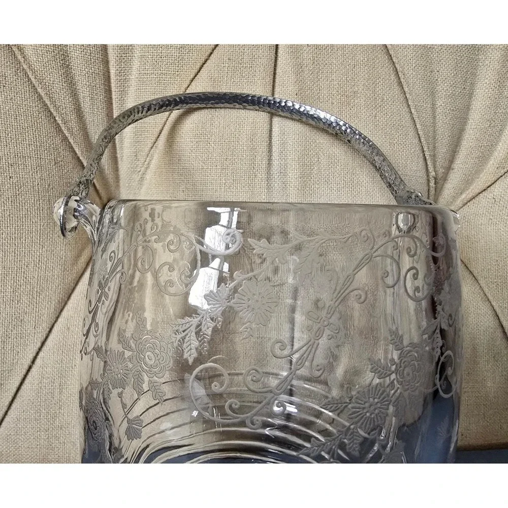 Vintage Depression Style Etched Floral Glass Ice Bucket With Metal Handle